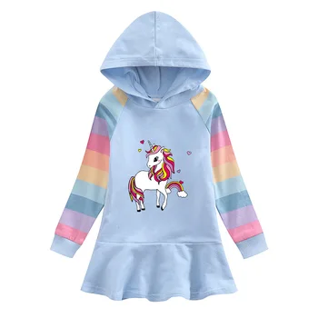 2022 Primavara Toamna Noua Fete Dress stripe Desene animate cu unicorn Rochie Fete Copii cu Maneca Lunga Pulover cu Gluga Printesa Dress2-8Y